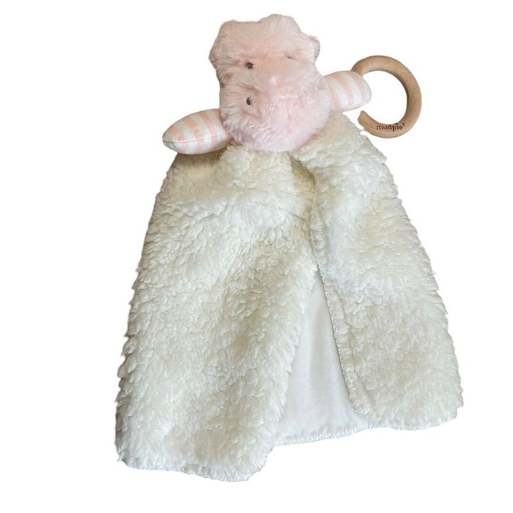Mud Pie Lovey Pink Hippo Sherpa Wood Ring Baby Comfort Toy Blanket Cozy Plush